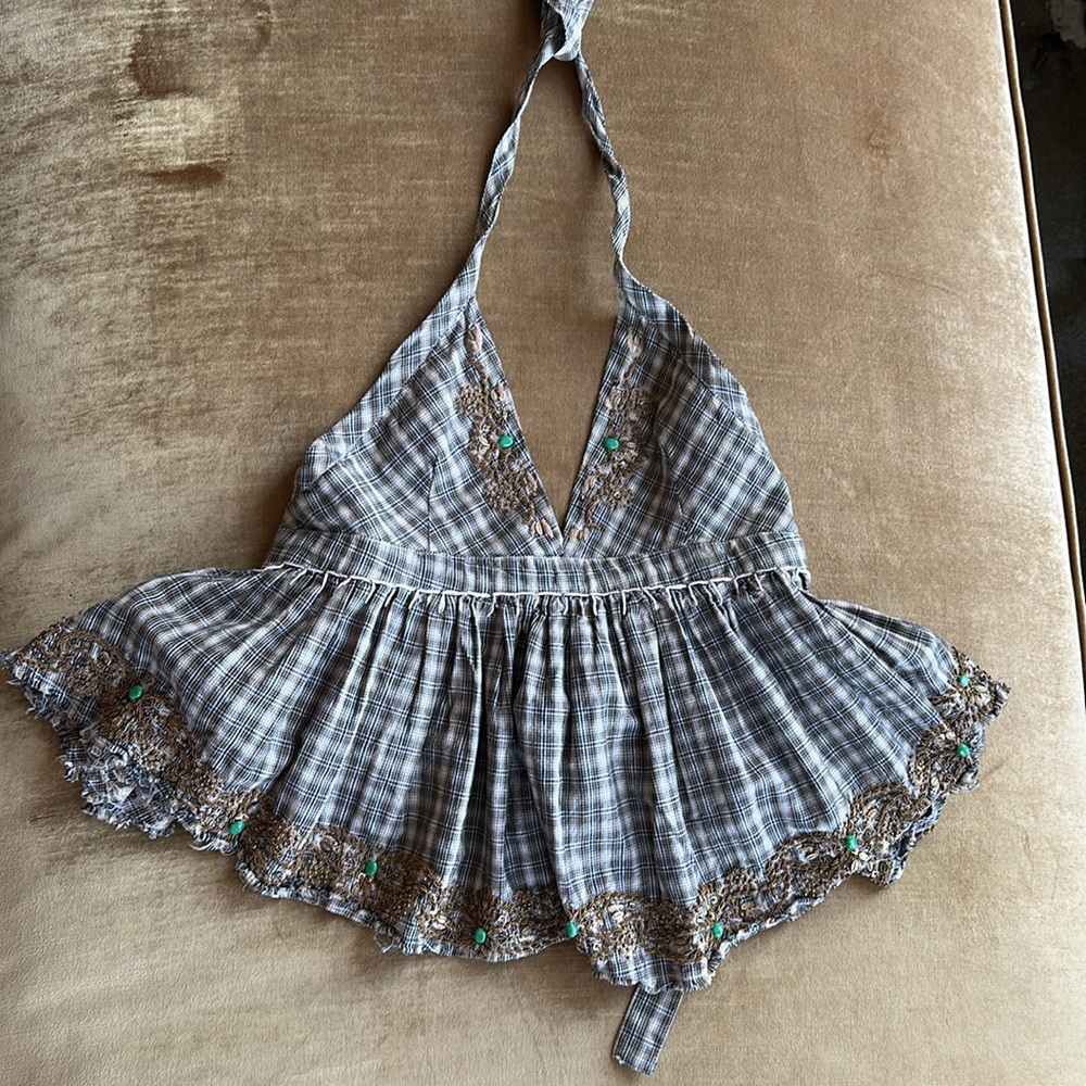 Rare Unique Apron Halter Bralette cotton Embroidered top Hand work Beads Metal